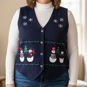 Karen Scott Navy Blue Snowman and Christmas Trees Embroidered Felt Vest Size 2X